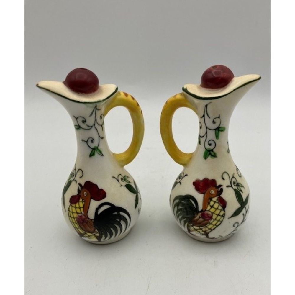 VTG 1950's Rooster & Rose Ceramic Pitcher Salt Pepper Shakers - Country Kitchen